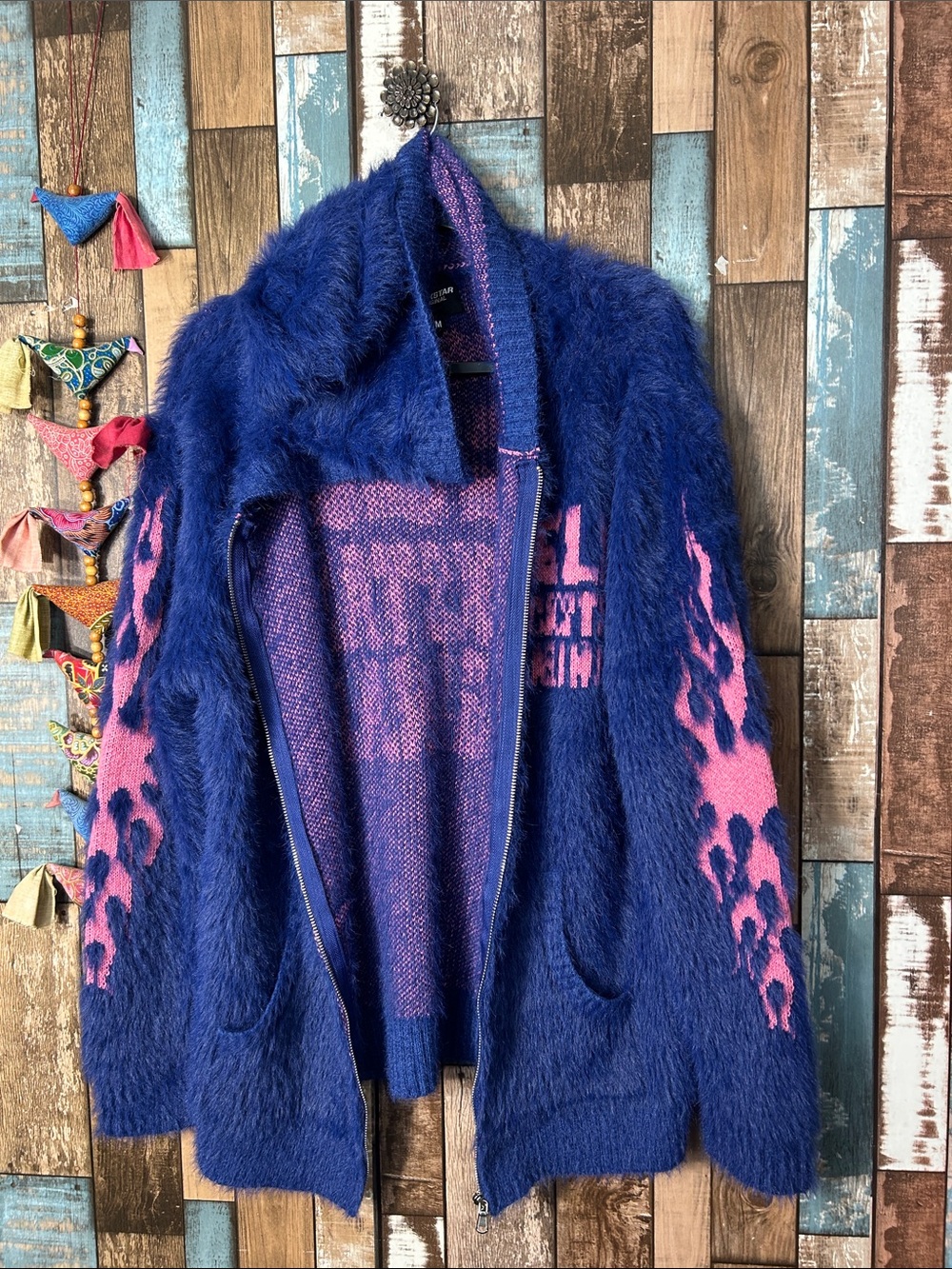 Rockstar original heavy blue pink flame fuzzy zip up hoody